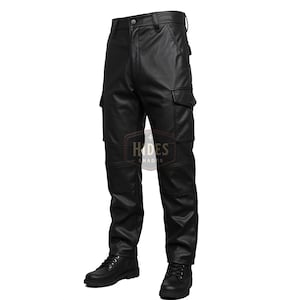 Handgemaakte zwarte leren cargobroek voor heren | Klassieke leren zwarte broek | Leren cargobroek | Duurzame leren cosplaybroek | Maatwerk