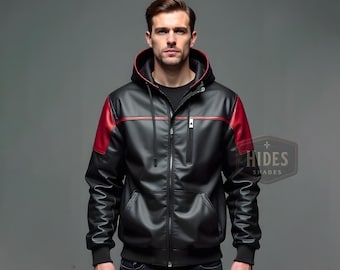 Handmade Black and Red Leather Hoodie Jacket | Real Leather Hoodie | Gothic Leather Hoodie | Black and Red Leather Hooded Jacket