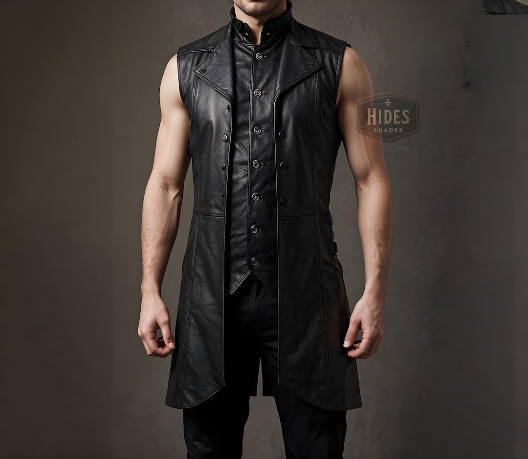 Custom Black Leather Long Vest | Men's Double-layer Cosplay Vest ...