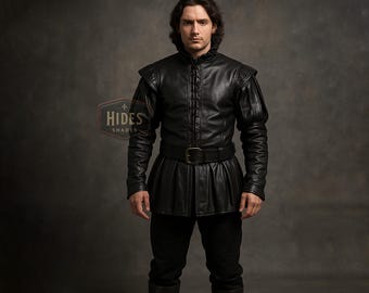 Custom Made Black Leather Steampunk Jacket for Men | Halloween Kilt Shirt | Gothic Warrior Cosplay Coat