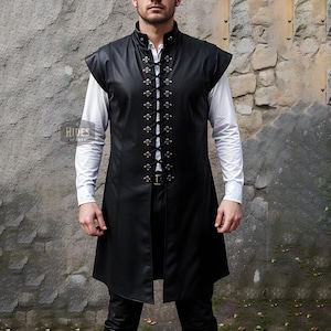 Hides Shades Custom Black Leather Cosplay Long Vest for Men | Men&#39;s Leather Duster Vest | Gothic Leather Vest | Custom Fit Leather Vest