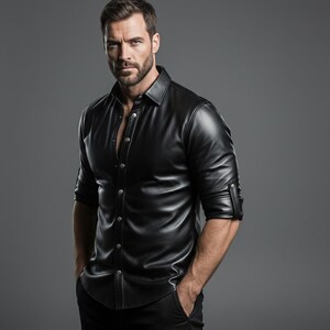 May include: A black leather shirt with a button-down front and long sleeves. The shirt has a classic collar and is worn with the sleeves rolled up. The model is wearing black pants and has his hands in his pockets.