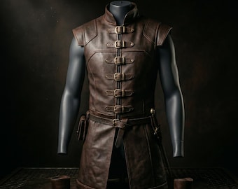 Handmade Men's Leather Tunic Vest Brown Medieval Gothic Armor Multi Buckle Front Sleeveless Ren Faire Warrior LARP Leather Jacket
