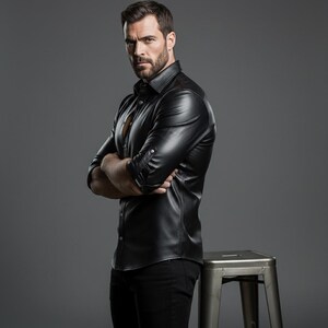 May include: Black leather shirt with long sleeves and buttoned cuffs. The shirt has a classic collar and is buttoned down the front. The model is wearing black pants. The background is a solid gray.