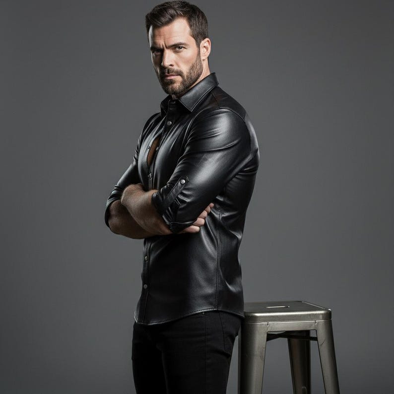 May include: Black leather shirt with long sleeves and buttoned cuffs. The shirt has a classic collar and is buttoned down the front. The model is wearing black pants. The background is a solid gray.