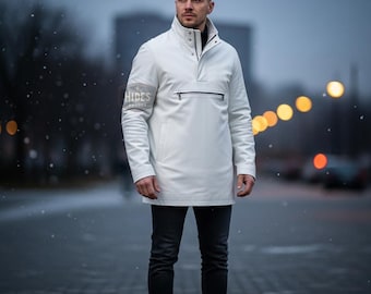Handmade Men’s Genuine Leather Anorak Coat | Custom White Half-Zip Pullover Jacket | Personalized Minimal Streetwear | Tailored Fit