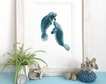 Manatee Couple Watercolor Print Instant Download, Manatee Painting, Manatee Printable Art , Sea Cow Painting, Manatee Download, Beach Decor