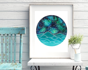 The Gemini Constellation above an ocean of waves watercolor print, Galaxy Art, Zodiac Print, Gemini Painting, Gemini Print Digital Download