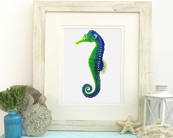 Blue and Green Seahorse Watercolor Instant Download, Seahorse Printable Art, Digital Download Print, Seahorse print,  Seahorse painting,