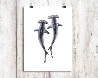 Hammerhead Sharks Watercolor Digital Download Print, Watercolor Shark Painting Instant Download, Shark Art, Shark painting, Hammerheads