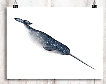 Diving Narwhal Watercolour Instant Download, Whale art, Printable Art, Digital Download, Narwhal print, Narwhal painting, Whale Unicorn