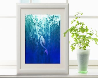 Mermaid Rising Painting Instant Download, Mermaid Digital Download Print, Mermaid Art, Flow Painting, Fluid Art, Ocean Print, Beach House