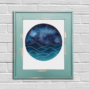 The Virgo Constellation above an ocean of waves watercolor print, Galaxy Art, Zodiac Print, Virgo Painting, Virgo Print Digital Download image 3