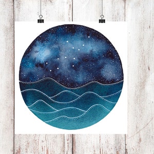 The Virgo Constellation above an ocean of waves watercolor print, Galaxy Art, Zodiac Print, Virgo Painting, Virgo Print Digital Download image 1