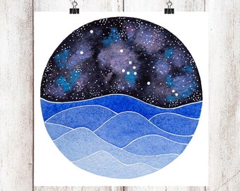 The Taurus Constellation above an ocean of waves watercolor print, Galaxy Art, Zodiac Print, Taurus Painting, Taurus Print Digital Download