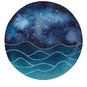 The Virgo Constellation above an ocean of waves watercolor print, Galaxy Art, Zodiac Print, Virgo Painting, Virgo Print Digital Download image 2