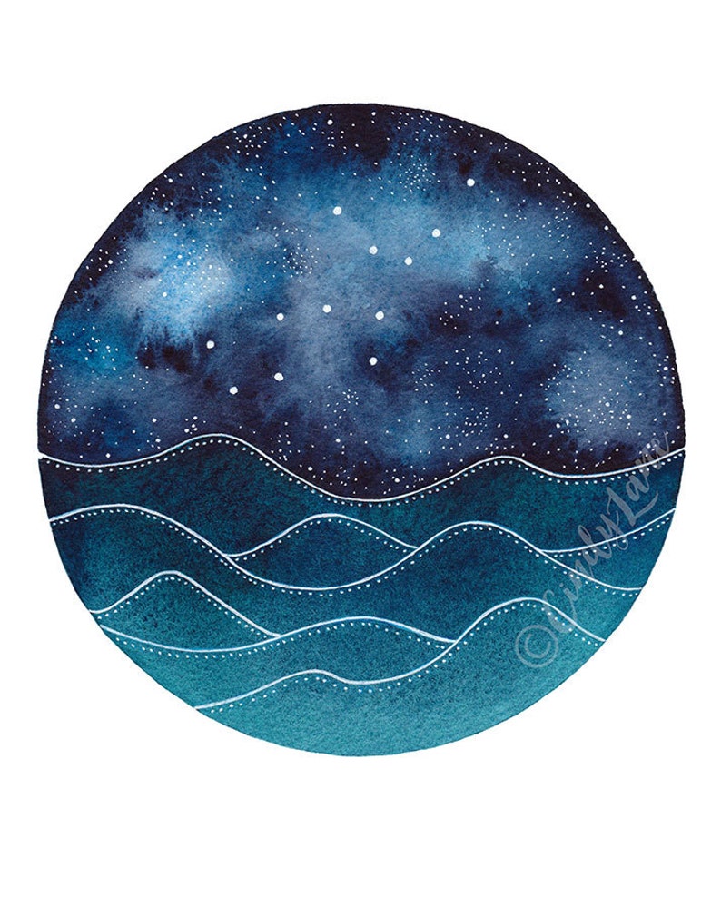 The Virgo Constellation above an ocean of waves watercolor print, Galaxy Art, Zodiac Print, Virgo Painting, Virgo Print Digital Download image 2