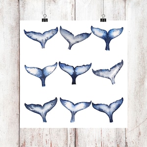 Humpback Whale Tails Printable Watercolor Art, Whale art, Printable Art, Digital Download Print, Humpback print, Whale painting, Beach House image 1