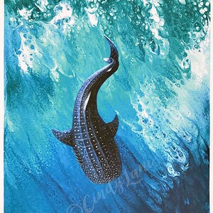 May include: A painting of a whale shark swimming in a turquoise and blue ocean. The shark is black with white spots and is swimming upwards towards the surface of the water.