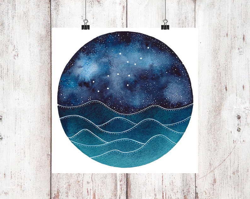 The Virgo Constellation above an ocean of waves watercolor print, Galaxy Art, Zodiac Print, Virgo Painting, Virgo Print Digital Download image 1