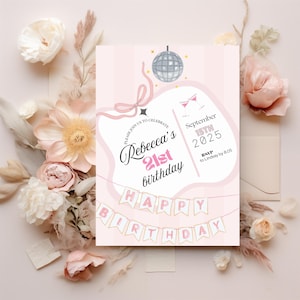 Plantilla de invitación moderna para el 21.º cumpleaños de una chica con coqueta rosa, diseño de tarjeta editable, invitación de cumpleaños con cinta de temática disco, descarga digital
