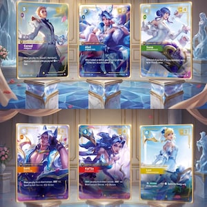 May include: Six rectangular trading cards featuring illustrated characters Ezreal, Ahri, Sona, Sett, Kai'Sa, and Lux. Each card displays a unique character portrait, text, and numerical values, arranged in two rows on individual pedestals.