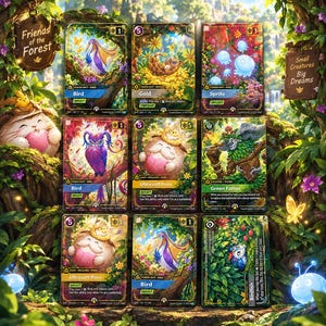 May include: A collection of nine rectangular trading cards arranged in a grid, featuring vibrant fantasy illustrations of creatures like birds, sprites, and poros. Each card displays text, numerical values, and game-related icons against a forest background.