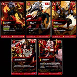 May include: Five rectangular trading cards featuring illustrated characters Ambessa, Xin Zhao, Galio, Miss Fortune, and Seraphine. Each card displays a character portrait, power stats, ability text, and a unique nameplate against a red and gold background.