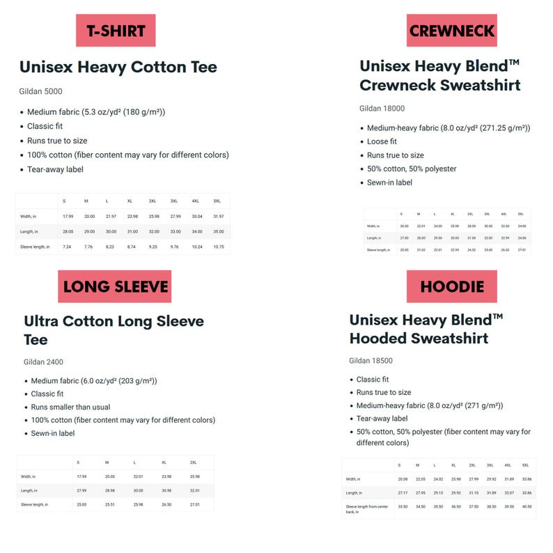 Peut inclure: Une fiche d'information sur les produits pr&eacute;sente des d&eacute;tails pour divers articles de v&ecirc;tements, notamment des t-shirts, des sweat-shirts ras du cou, des t-shirts &agrave; manches longues et des sweats &agrave; capuche. La fiche comprend les poids des tissus, les ajustements et les tableaux des tailles.