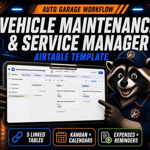 May include: A digital display showing an Auto Garage Workflow Vehicle Maintenance & Service Manager Airtable template. A raccoon character in a blue uniform points to the screen. Text includes 5 Linked Tables, Kanban + Calendars, and Expenses + Reminders.