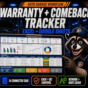 Auto Repair Warranty Comeback Tracker – Quality Control, Rework Cost (Excel Google Sheets)
