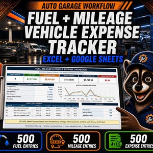 May include: An auto garage workflow fuel and mileage vehicle expense tracker for Excel and Google Sheets. The digital dashboard displays vehicle cost snapshots, monthly operating spend charts, and data for four active vehicles, featuring a raccoon mascot.