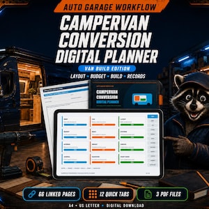 May include: A digital planner for campervan conversions titled Auto Garage Workflow Campervan Conversion Digital Planner Van Build Edition. The interface displays sections for layout, budget, build, and records, with 66 linked pages, 12 quick tabs, and 3 PDF files in A4 and US Letter sizes.