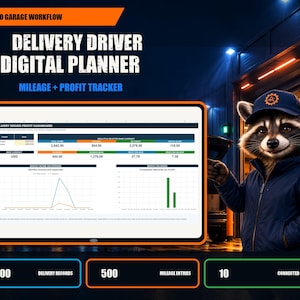 May include: A digital delivery driver planner featuring a profit dashboard with charts and tables. Text includes AUTO GARAGE WORKFLOW, DELIVERY DRIVER DIGITAL PLANNER, MILEAGE + PROFIT TRACKER, 1,000 DELIVERY RECORDS, 500 MILEAGE ENTRIES, and 10 CONNECTED SHEETS.