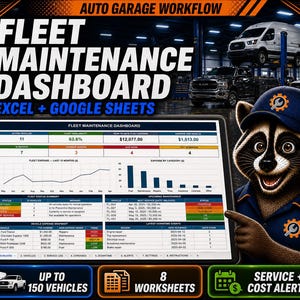 Puede incluir: Un panel de control digital de mantenimiento de flotas en una tableta, con gráficos, tablas y datos de seguimiento de vehículos. Un mapache de dibujos animados con gorra azul y logo de engranaje naranja señala la pantalla. Texto: AUTO GARAGE WORKFLOW.