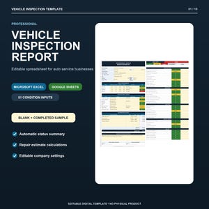 May include: A digital vehicle inspection report template for Microsoft Excel and Google Sheets. The document features a professional layout with 51 condition inputs, automatic status summaries, repair estimate calculations, and editable company settings.