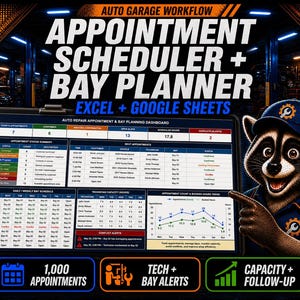 May include: A digital auto garage workflow tool featuring an appointment scheduler and bay planner for Excel and Google Sheets. The interface displays a dashboard with appointment status, daily schedules, and capacity trends, alongside a raccoon mascot.