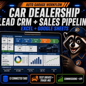 Pode incluir: Um painel digital intitulado Auto Garage Workflow Car Dealership Lead CRM + Sales Pipeline para Excel e Google Sheets. Exibe métricas como leads, test drives e lucro bruto, com uma mascote de guaxinim apontando para a tela.