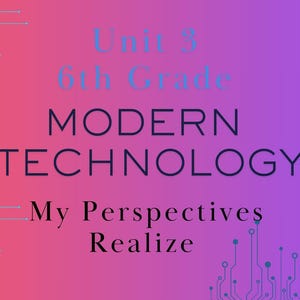 May include: A pink and purple gradient background with a circuit board design on the sides. The text "Unit 3 6th Grade MODERN TECHNOLOGY My Perspectives Realize" is in black text. A black and white illustration of a robot is on the right side of the image. The text "Canva Link" is in a white box with a black border.