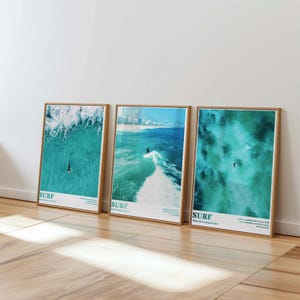 Surfing Wall Art Set of 3, Surf Photography Poster, Coastal Summer Print, Beach House Decor, Beachy Gallery Wall Art, Surf Blue Poster