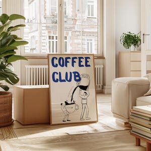 Blue Coffee Poster, Retro Coffee Club Print, Trendy Hand Drawn Kitchen Print, Espresso Digital Download, Coffee Shop Art, Coffee Lover Gift