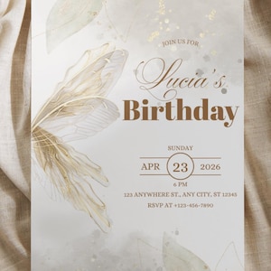 May include: An invitation card with a watercolour design. The text reads "Join us for Lucia's Birthday" with the date April 23, 2026, and time 6 PM. The card has a neutral colour palette with gold accents and leaf illustrations.
