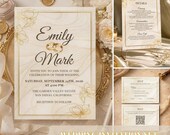 Gold Wedding Invitation Set Template, Elegant Minimal Invite Suite, Modern Floral Wedding Bundle, RSVP Details Cards, Instant Download