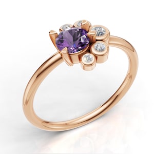 Round Cut Natural Amethyst Ring • Dainty Purple Crystal Stacking Ring • Solid Gold Friendship Jewelry • Trendy Best Friend Gift
