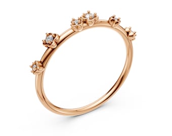14K Gold Birth Flower Ring: Dainty Diamond Floral Band