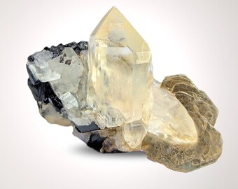 Cristallo di quarzo con tormalina nera e mica muscovite - Pakistan, 15,7 grammi