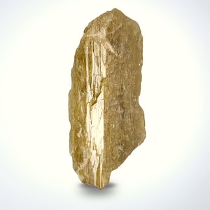 May include: A raw, golden-yellow crystal with a rough, textured surface. The crystal has a vertical, linear pattern running through its center, reflecting light. The stone is set against a white background, highlighting its natural form.