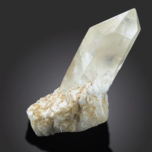 May include: A clear quartz crystal with a pointed tip, rising from a rough, beige base. The crystal is translucent, allowing light to pass through. The base has a textured, granular appearance. The background is a dark grey.
