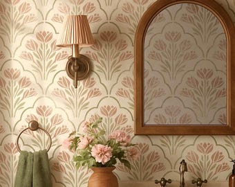 Plantilla de pared con diseño floral festoneado – Patrón de azafrán estilo cottagecore, proyecto de papel tapiz DIY reutilizable