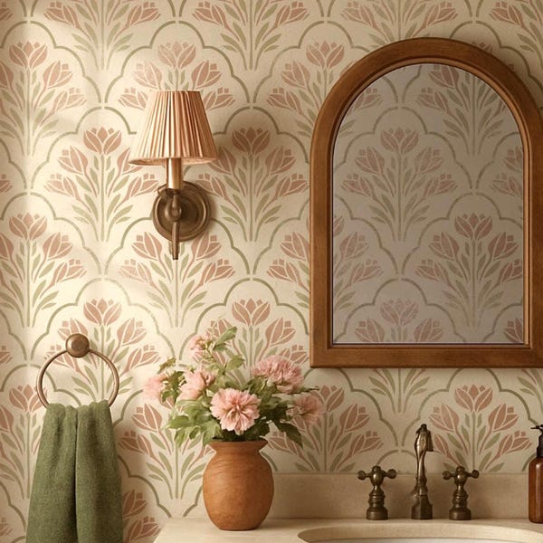Floral Scallop Wall Stencil – Cottagecore Crocus Pattern, Reusable DIY Wallpaper Project